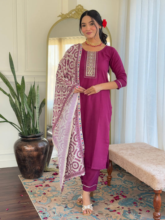 Sonakshi Women's Maroon Rayon Embroidered Kurta Set with Dupatta