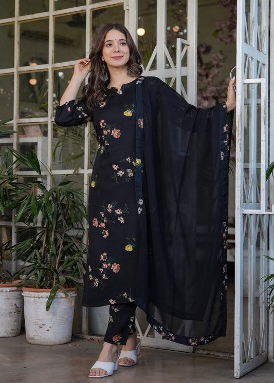 Sonakshi Women's Black Silk Blend Digital Kurta Set with Dupatta