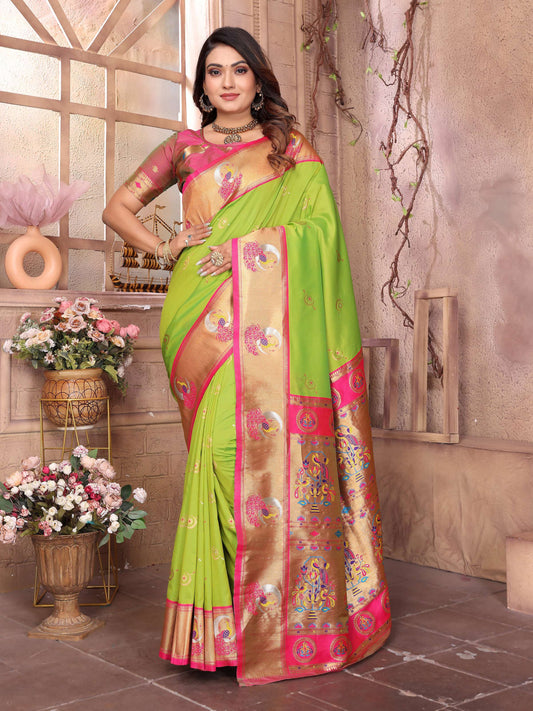Sonakshi Women's Pista Green Paithani Silk Zari Woven Traditional Saree with Blouse