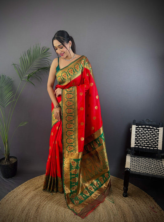Sonakshi Women's Red Banarasi Silk Zari Woven Traditional Saree with Blouse | Swadesiicart