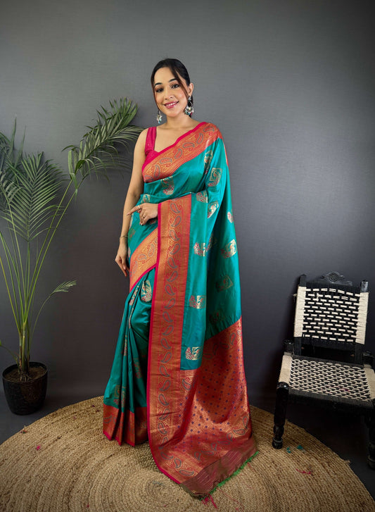 Sonakshi Women's Teal Banarasi Silk Zari Woven Traditional Saree with Blouse | Swadesiicart