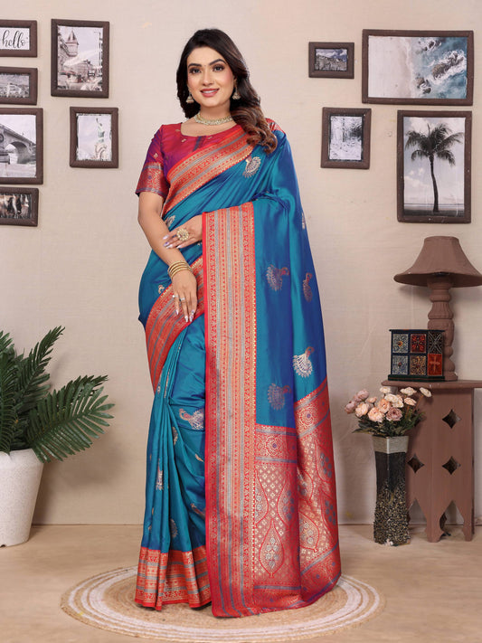 Sonakshi Women's Morepeach Banarasi Silk Zari Woven Traditional Saree with Blouse | Swadesiicart