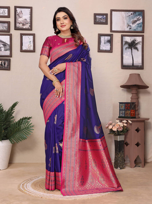 Sonakshi Women's Royal Blue Banarasi Silk Zari Woven Traditional Saree with Blouse | Swadesiicart