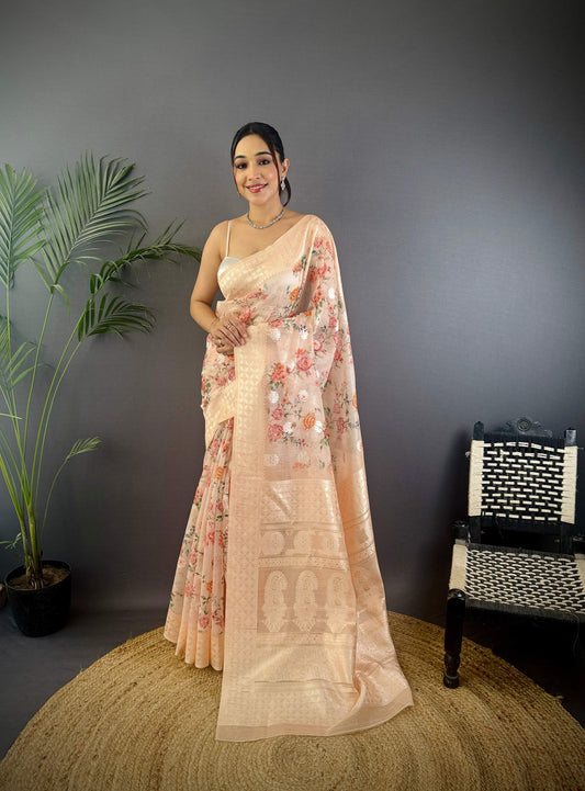 Sonakshi Women's Beige Blend Silk Jacquard Woven Traditional Saree with Blouse