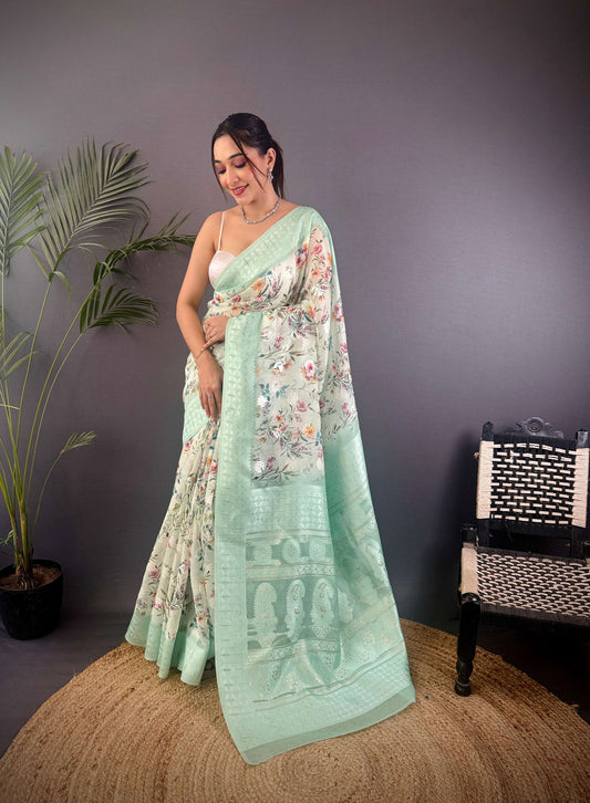 Sonakshi Women's Sky Blend Silk Jacquard Woven Traditional Saree with Blouse