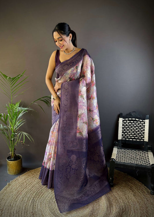 Sonakshi Women's Purple Blend Silk Jacquard Woven Traditional Saree with Blouse