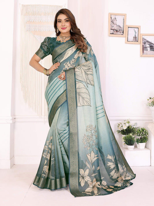 Sonakshi Women's Seagreen Mulberry Silk With Digital Prints Saree with Blouse