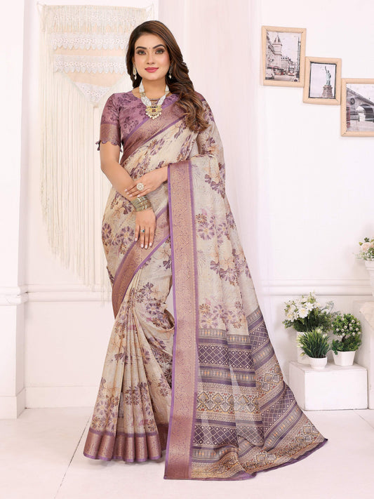 Sonakshi Women's Purple Mulberry Silk With Digital Prints Saree with Blouse