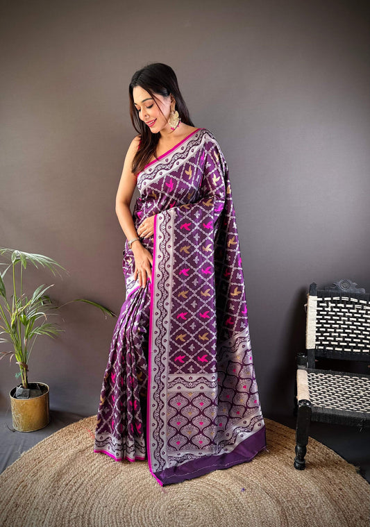 Sonakshi Women's Wine Lichi Soft Silk Zari Weaving Saree with Blouse
