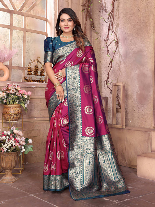Sonakshi Women's Wine Banarasi Silk Zari Weaving Saree with Blouse | Swadesiicart