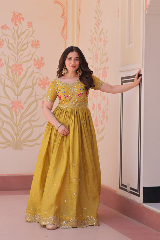 Sonakshi Women's Yellow Gold Crush Multi Thread Embroidery Zari Sequince Work Anarkali Gown Set