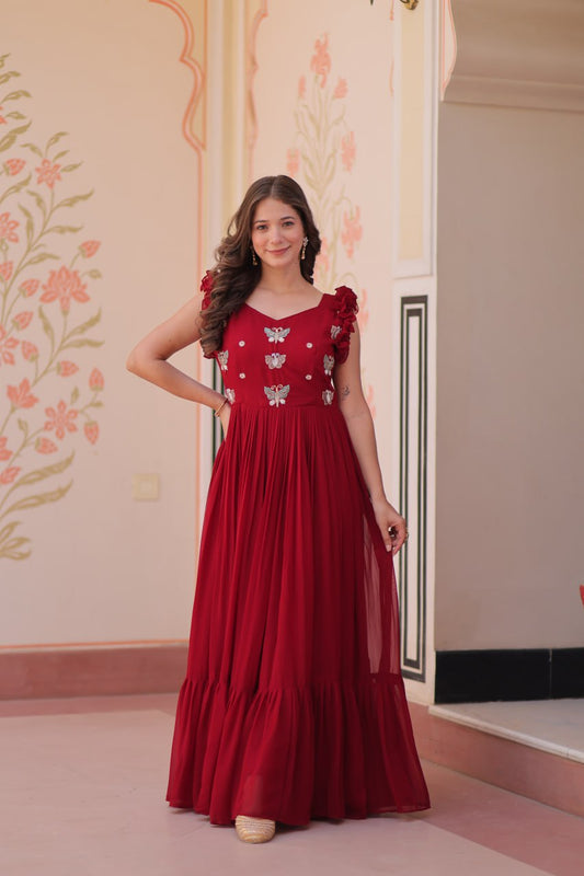 Sonakshi Women's Maroon Faux Blooming Beads Embroidered work Anarkali Gown Set