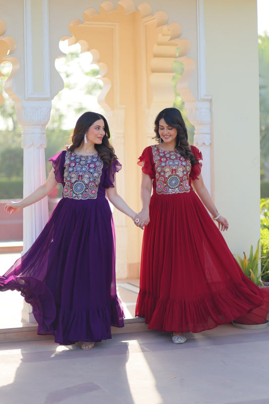 Sonakshi Women's Maroon & Purple Faux Blooming Beads and Sequince Multithreaded Embroidered Work Anarkali Gown Set