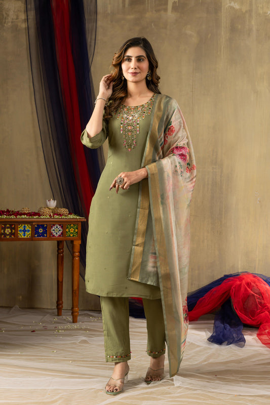Sonakshi Women's Green Shimmer Gold Silk Multi Embroidered Sequins With Hand Work Kurta Set With Dupatta