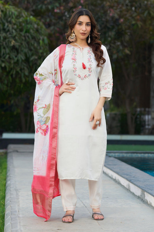 Sonakshi Women's White Viscose Silk Multi Embroidered Thread With Hand Work Kurta Set With Dupatta