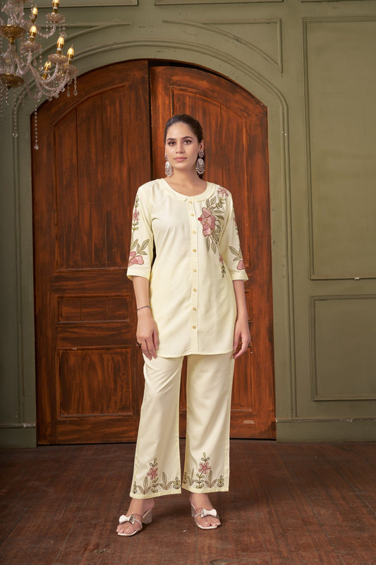 Sonakshi Women's White Rayon Embroidered Straight Top & Bottom Set