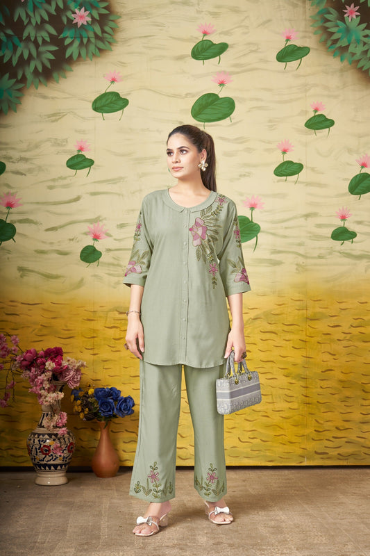 Sonakshi Women's Sea Green Rayon Embroidered Straight Top & Bottom Set
