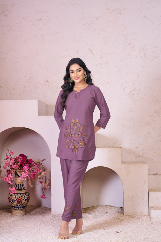 Sonakshi Women's Purple Rayon Embroidered Straight Top & Bottom Set