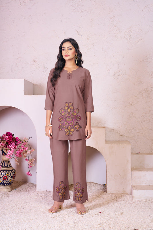 Sonakshi Women's Brown Rayon Embroidered Straight Top & Bottom Set