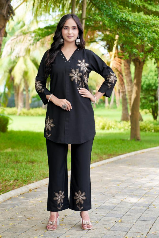 Sonakshi Women's Black Rayon Embroidered Straight Top & Bottom Set