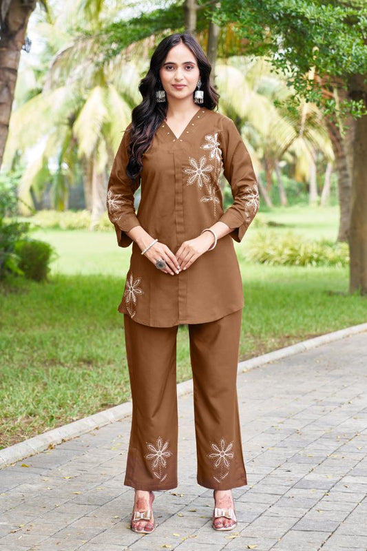 Sonakshi Women's Brown Rayon Embroidered Straight Top & Bottom Set