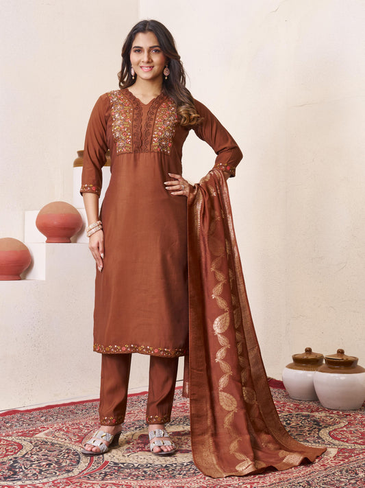 Sonakshi Women's Coffee Roman Silk Multi Embroidered Sequins With Hand Work Kurta Set with Dupatta
