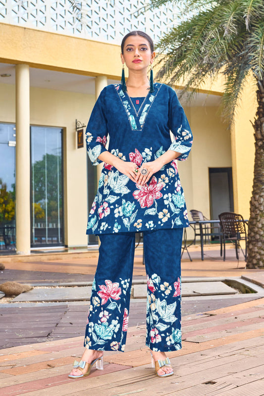 Sonakshi Women's Blue Cotton Printed Straight Top & Bottom Set
