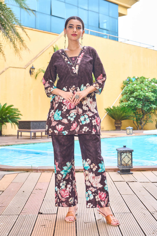 Sonakshi Women's Coffee Cotton Printed Straight Top & Bottom Set