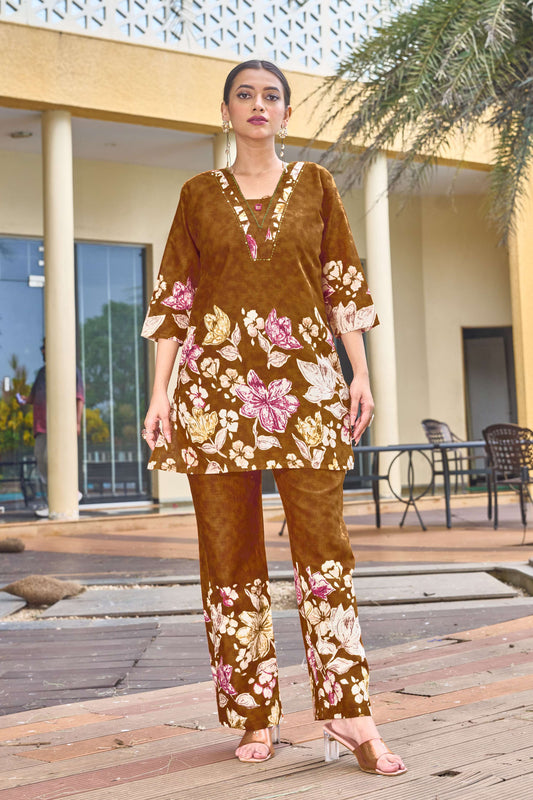 Sonakshi Women's Mustard Cotton Printed Straight Top & Bottom Set