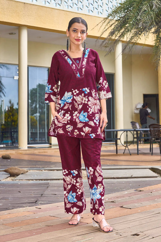 Sonakshi Women's Maroon Cotton Printed Straight Top & Bottom Set