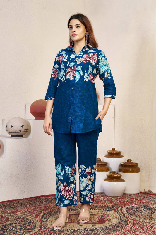 Sonakshi Women's Teal Cotton Printed Straight Top & Bottom Set