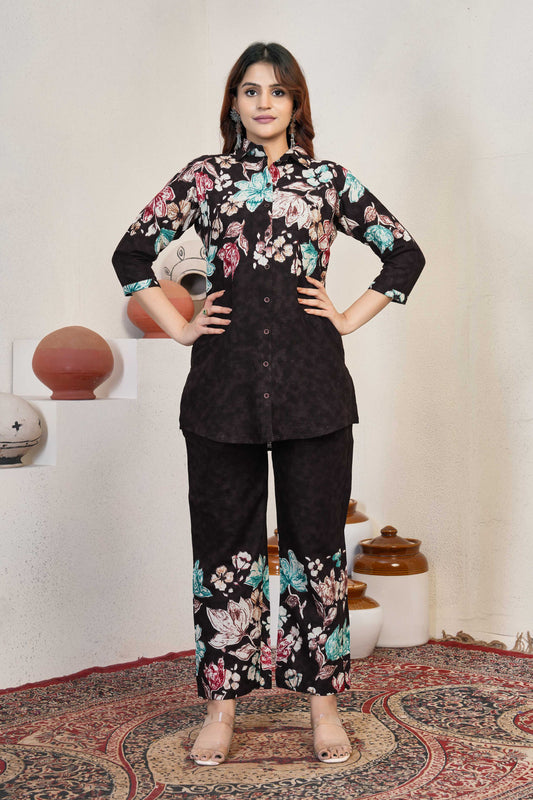 Sonakshi Women's Coffee Cotton Printed Straight Top & Bottom Set