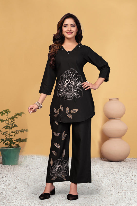 Sonakshi Women's Black Viscose Rayon Embroidered Straight Top & Bottom Set