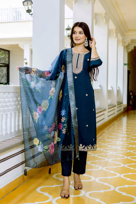 Sonakshi Women's Navy Blue Viscose Chanderi Embroidered Kurta Set with Dupatta