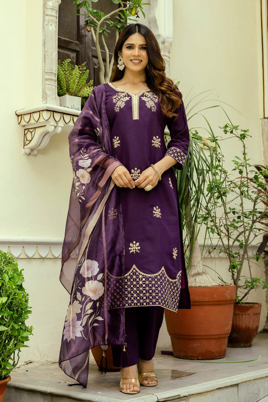Sonakshi Women's Purple Viscose Chanderi Embroidered Kurta Set with Dupatta