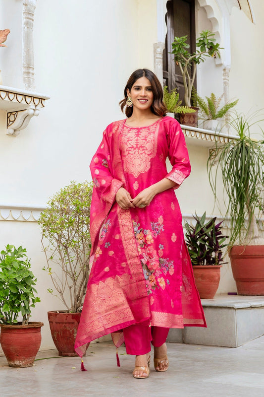 Sonakshi Women's Pink Chanderi Cotton Printed Kurta Set with Dupatta