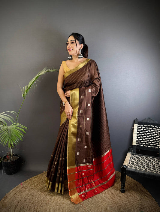 Sonakshi Women's Coffie Soft Cotton Silk Golden Zari Weaving Traditional Saree with Blouse