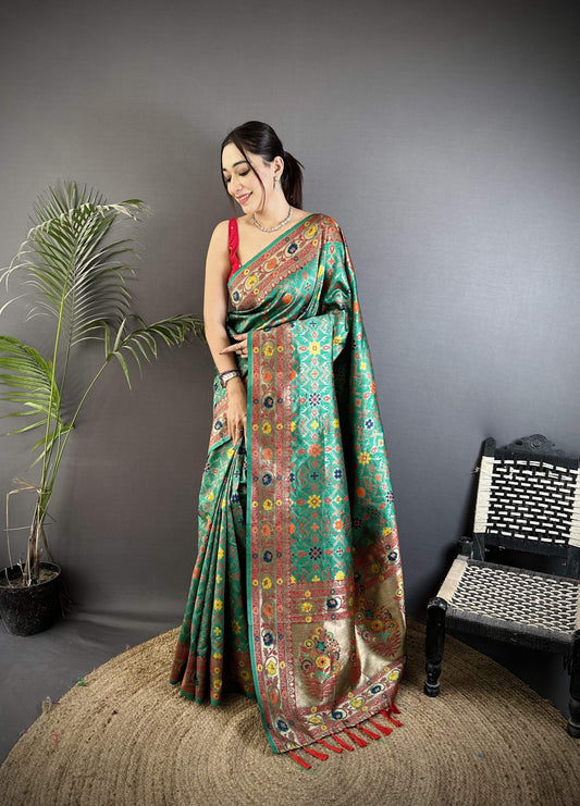 Sonakshi Women's Teal Banarsi Silk Tassel Weaving Traditional Saree with Blouse