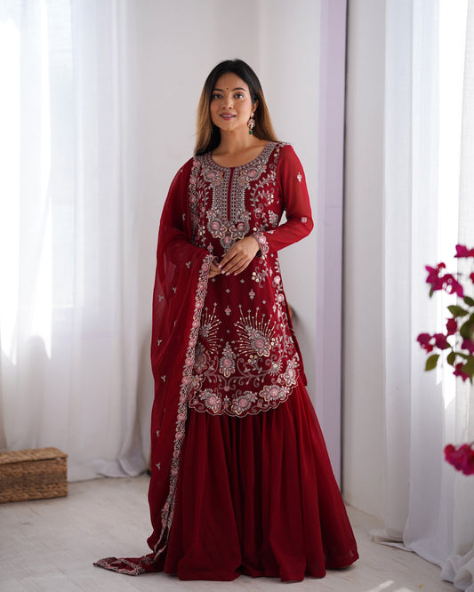 Lehenga Mart Red Faux Georgette Gorgeous Sharara Suit For Wedding Wear