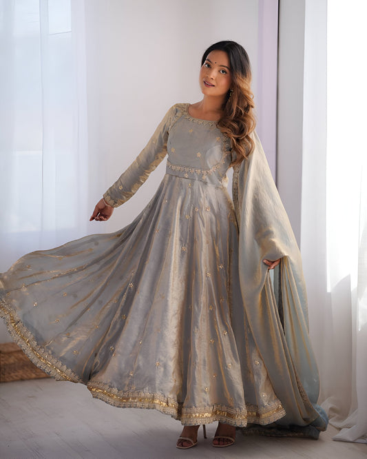 Lehenga Mart Wedding Wear Anarkali Gown With Dupatta - Grey