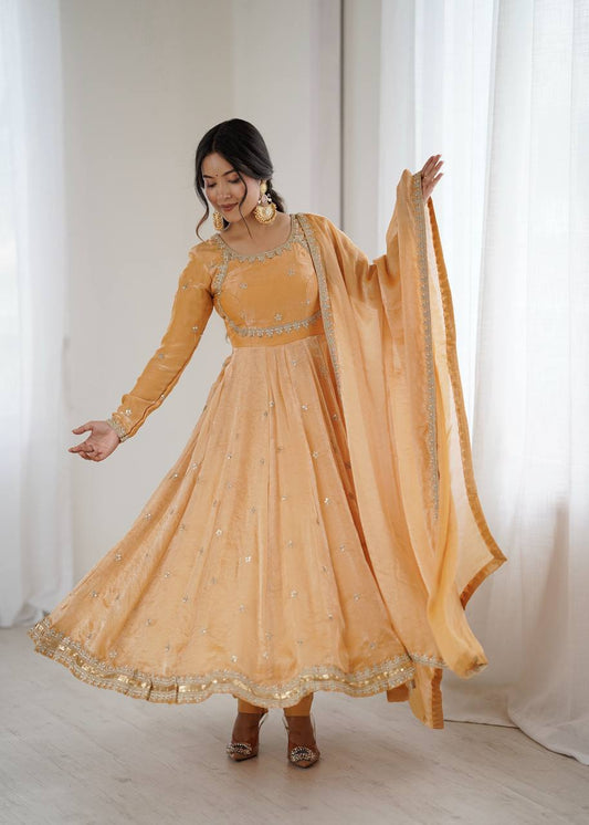 Prazu Fashion Light Golden Fandy Silk Coding With Sequence Work Wedding Wear Anarkali Suit
