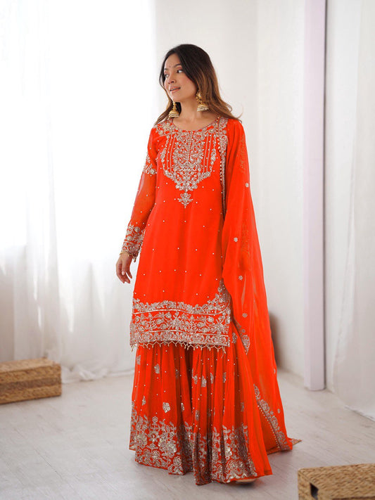 Prazu Fashion Orange Faux Georgette Embroidered Thread Work Sharara Suit