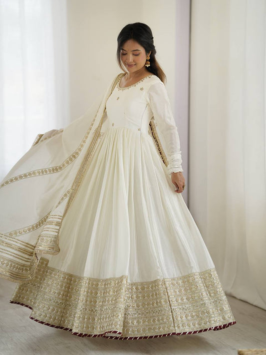 Prazu Fashion White Chinon Silk Thread With Sequence Work Anarkali Suit