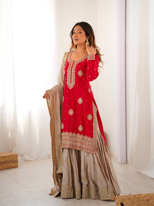 Lehenga Mart Designer Ready To Wear Sharara Suit Dupatta For Women-Red