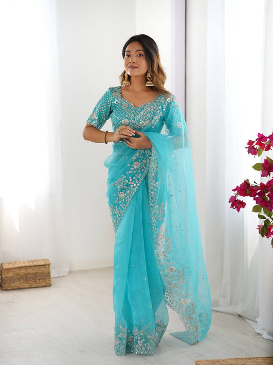 Lehenga Mart Designer Bollywood Style Party Wear Saree-Skyblue