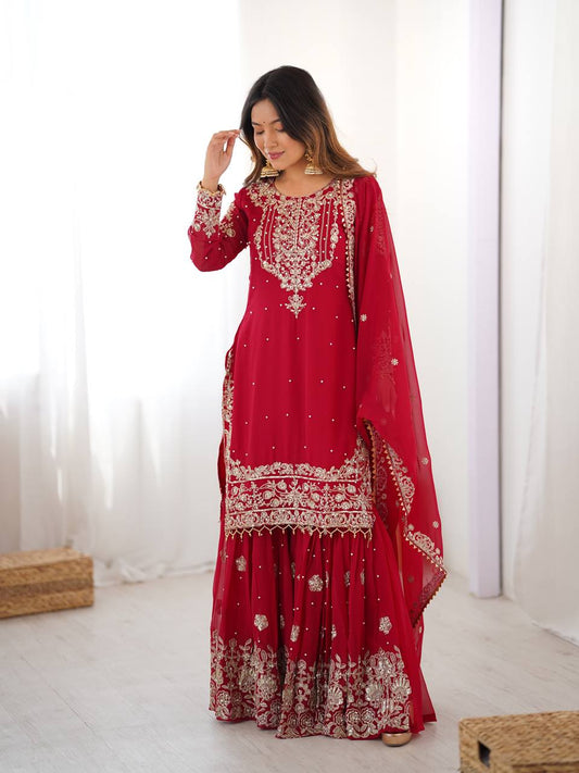 Prazu Fashion Red Faux Georgette Embroidered Thread Work Sharara Suit