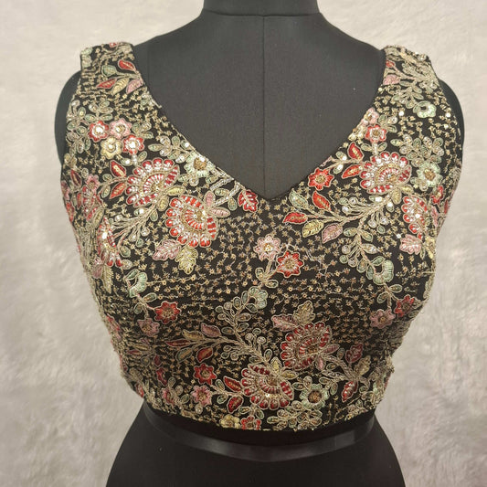 Kia Fashions Black Georgette Multi Color Emb & Sqn Readymade Blouse