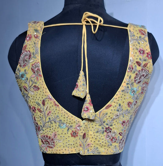 Kia Fashions Eggyolk Yellow Georgette Multi Color Emb & Sqn Readymade Blouse
