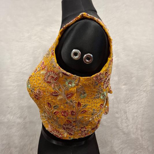 Kia Fashions Mustard Yellow Georgette Multi Color Emb & Sqn Readymade Blouse