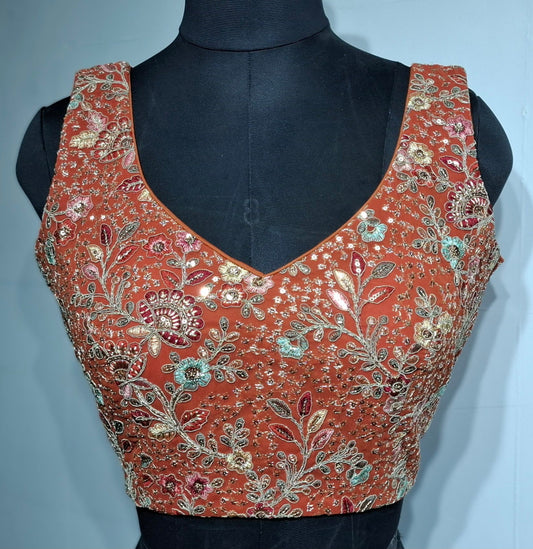 Kia Fashions Rust Georgette Multi Color Emb & Sqn Readymade Blouse